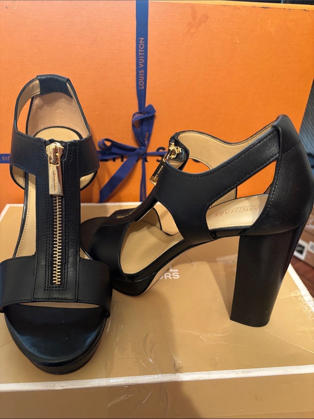 Michael Kors Black Leather Zip T‑Strap Block Heel Sandals